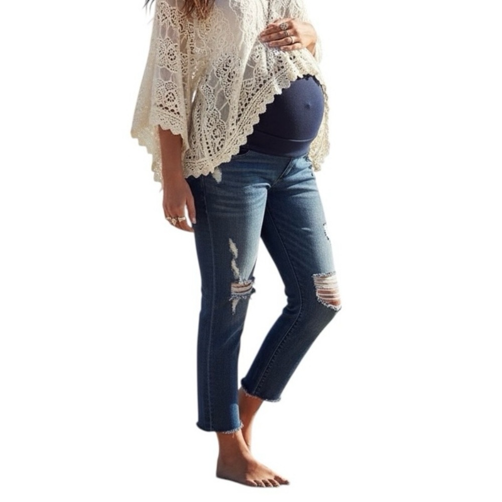 DL1961 Women's Maternity Riley Boyfriend Cropped Blue Distressed Jeans